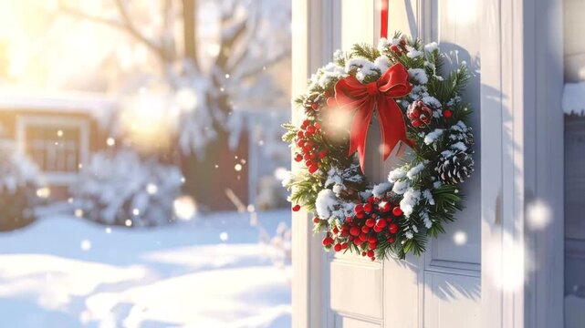Snowy Christmas Wreath on Door with Red Bow Decoration