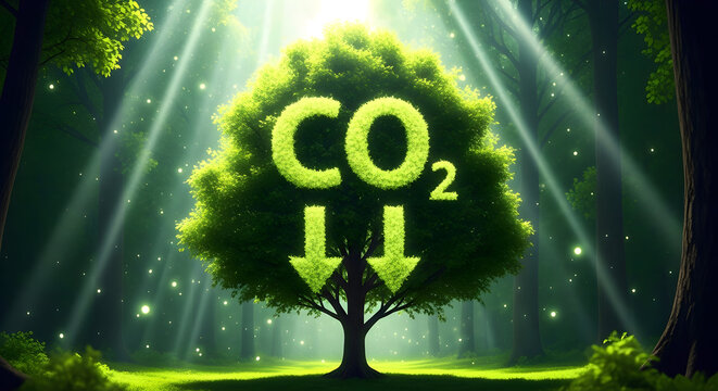 Green tree symbolizes CO2 reduction in sunlit forest with magical glow