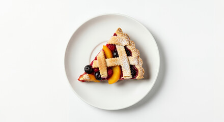 Slice of crostata pie with lattice crust on plate isolated on white background