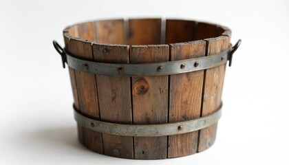 Fototapeta premium Vintage wooden bucket with metal bands, handles. Rustic brown wood container, empty pail for garden, sauna, or home decor. Aged barrel object with natural texture, isolated on clean white background.