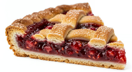 Close-up slice of crostata pie with berry filling and sugar crust isolated on white