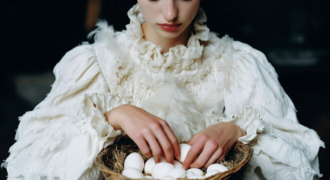 Elegant woman holding a basket of white eggs in a rustic setting, vintage concept