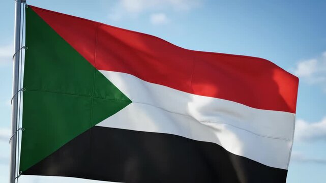 Patriotic Symbolism: The Vibrant Flag of Sudan Waving Proudly in the Breeze, A Close-Up of the Sudanese National Flag on a Sunny Day