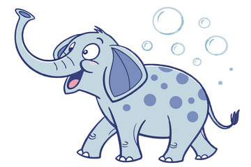 Cartoon Elephant Walking with Bubbles, Polka Dots, and a Whimsical Smile