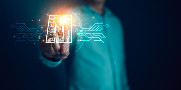 Digital Artificial Intelligence (AI) technology disruption concept.man touch Ai circuit global Internet connect. Big data storage.Innovative technology Machine learning support in the business. - Powered by Adobe