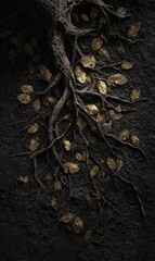A dark, moody image showcasing a tree's exposed roots splayed across dark soil, interspersed with gold-toned fallen leaves.  The composition is vertical, emphasizing texture and contrast