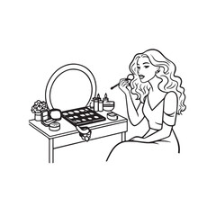 Black and white line art of a beautiful woman doing makeup at dressing table with mirror illustration