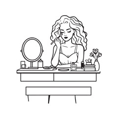 Black and white line art of a beautiful woman doing makeup at dressing table with mirror illustration