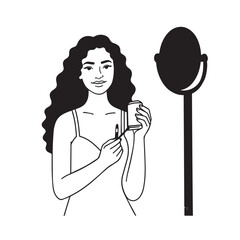 Black and white line art of a beautiful woman doing makeup at dressing table with mirror illustration