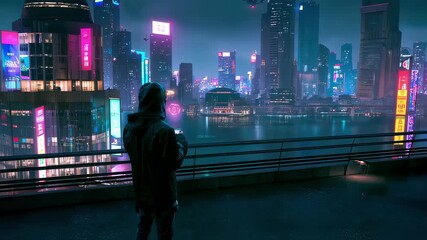 A lone figure in a hoodie stands on a futuristic balcony overlooking a neon-lit cyberpunk cityscape with flying drones. - Powered by Adobe