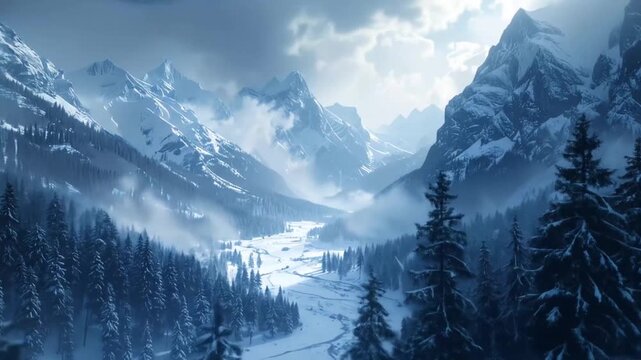 Snowy Mountain Valley Landscape with Pine Trees and Cloudy Sky