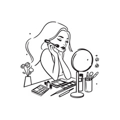 Black and white line art of a beautiful woman doing makeup at dressing table with mirror illustration