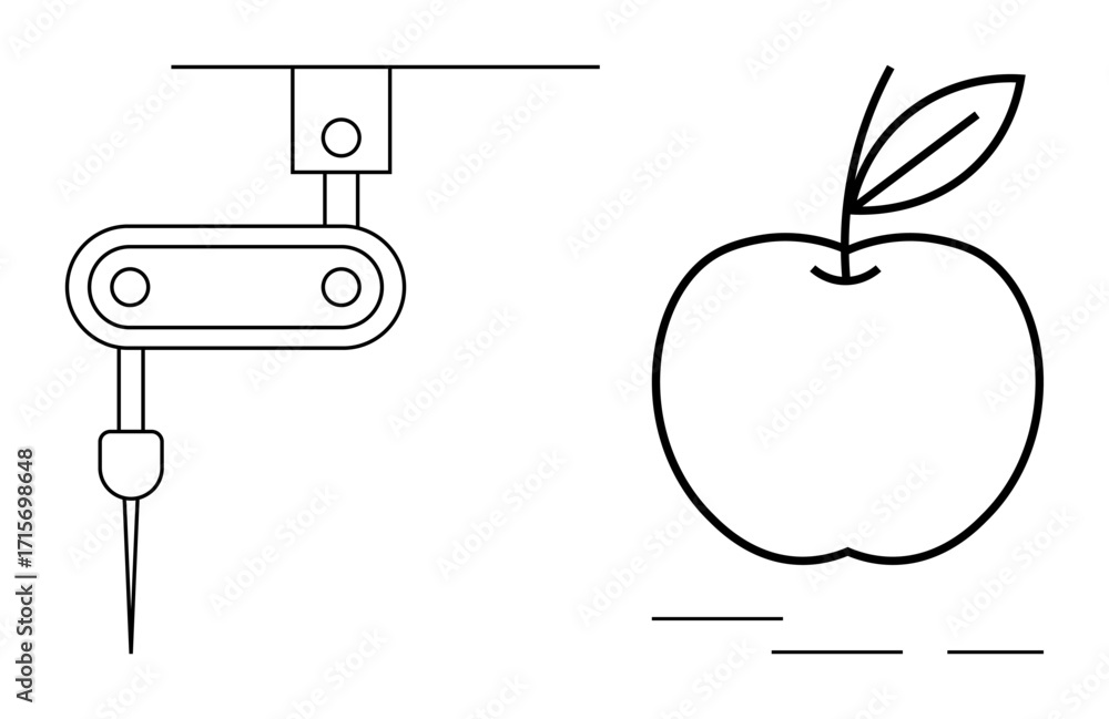Poster robotic arm analyzing an apple for quality assessment. ideal for automation, robotics, technology, e