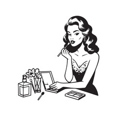 Black and white line art of a beautiful woman doing makeup at dressing table with mirror illustration