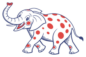 Cartoon Elephant with Red Spots and Blue Outline on White