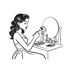 Black and white line art of a beautiful woman doing makeup at dressing table with mirror illustration