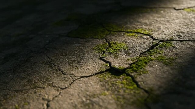 Close-up of cracked, moss-covered ground illuminated by light.