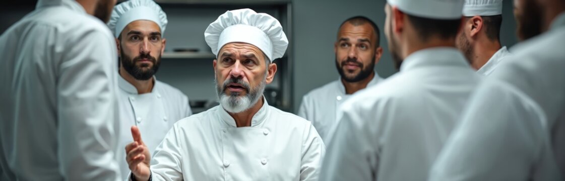 Experienced head chef guides culinary school students in professional kitchen. Lively instruction on gastronomy, food preparation fosters teamwork, skill development. Diverse group learns cooking - Powered by Adobe