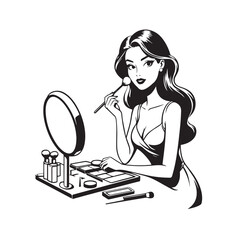 Black and white line art of a beautiful woman doing makeup at dressing table with mirror illustration