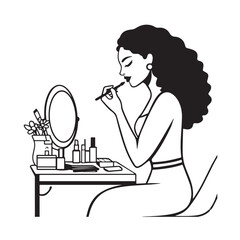 Black and white line art of a beautiful woman doing makeup at dressing table with mirror illustration