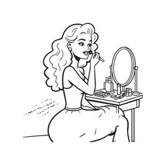Black and white line art of a beautiful woman doing makeup at dressing table with mirror illustration