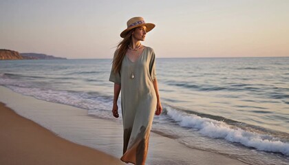 Walking fashionable thoughtful tanned beach woman looking to the sea, enjoying her sea summer vacation walking by the seashore. High quality slow motion cinematic