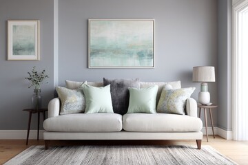 A light-filled living room boasts a neutral color palette, featuring a stylish cream sofa accented with patterned and solid-colored throw pillows,  a side table, and calming artwork on the walls.