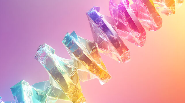 Dazzling abstract crystal structure with vibrant iridescent colors twisting in dynamic motion.