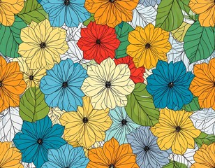 Vector sketch of many abstract colored flowers. Hand drawn seamless flower illustrati