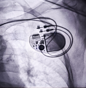 X ray image showed dual chamber permanent pacemaker (PPM) in left chest at Cath Laboratory.