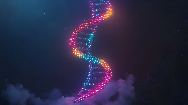 Vibrant glowing DNA helix symbolizes life, future, innovation, and scientific discovery in a cosmic atmosphere.