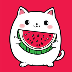 Cute Cat Eating Watermelon – Funny Cartoon Vector for T-Shirt Print and Logo Design