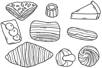 Assorted Bakery Pastries and Breads Illustration for Food Themed Collection. A black-and-white line drawing of assorted bakery items including bread, pastries, cookies, and pies. Ideal for culinary