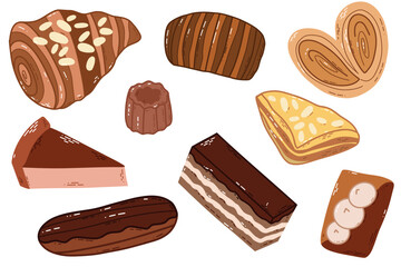 Assorted Pastry and Dessert Collection: Croissant, Cake, Tarts, Eclairs, Chocolates and Baked Goods. A colorful collection of baked treats including croissant, cake slice, tarts, eclair, chocolate bar
