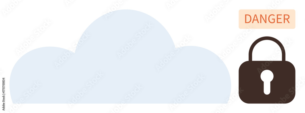 Poster cloud with padlock and danger label representing cybersecurity threats and data protection issues. i