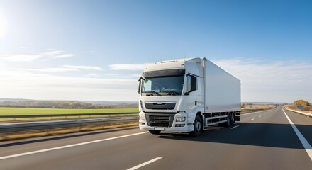 White semi truck driving on highway under blue sky