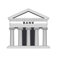 Obraz premium Minimalist vector design of a classical bank building with Greek-style columns, triangular roof, and bold BANK lettering, isolated on white background