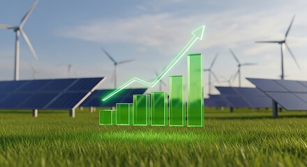 Green Energy Growth: Solar Panels, Wind Turbines, and Rising Bar Graph on Green Field