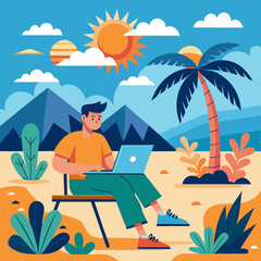 Remote Work Vector Illustration – Digital Nomad Working Outdoors with Laptop