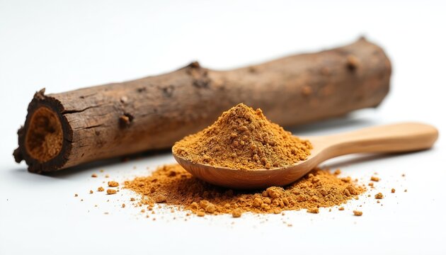 Catuaba bark powder on wooden spoon, raw tree branch beside. Brazilian ingredient for traditional cookery, bio supplement. Rustic, natural food item for menu, diet plans, summer markets.