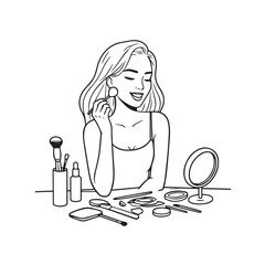 Black and white line art of a beautiful woman doing makeup at dressing table with mirror illustration