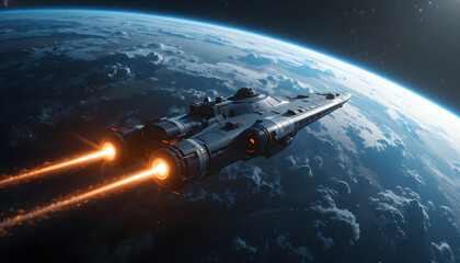 Futuristic spaceship navigates glowing nebulae near a distant Earth, igniting engines for interstellar travel and exploration.