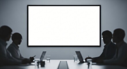 Businesspeople Silhouetted Around Blank Presentation Screen in Modern Office Meeting Room