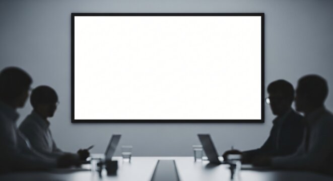 Businesspeople Silhouetted Around Blank Presentation Screen in Modern Office Meeting Room