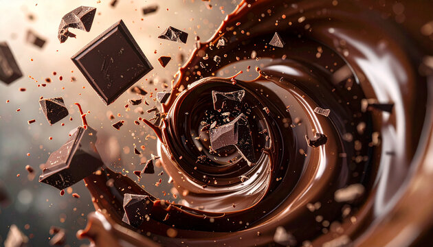 Dynamic swirl of rich melted chocolate with scattered, exploding dark chocolate chunks, creating a delicious and indulgent abstract vortex of sweet delight