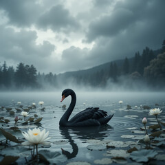 어두운 구름 사이에 안개가 드리운 호수 위에는 한 마리의 외로운 백조가 생각에 잠겨 있다.