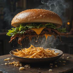 공중에 뜬 햄버거 상단과 감자튀김의 하단