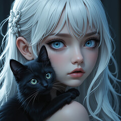 은발의 차가운 애니 캐릭터와 순박한 검은 고양이 콜라보