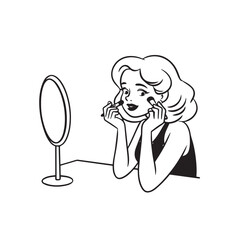 Black and white line art of a beautiful woman doing makeup at dressing table with mirror illustration