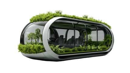 Futuristic eco friendly pod with green roof and interior plants isolated on transparent background